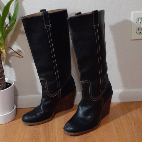 Frye Classic Black Leather Equestrian Western Coastal Cowgirl Boho Wedge Boot - Picture 2 of 9